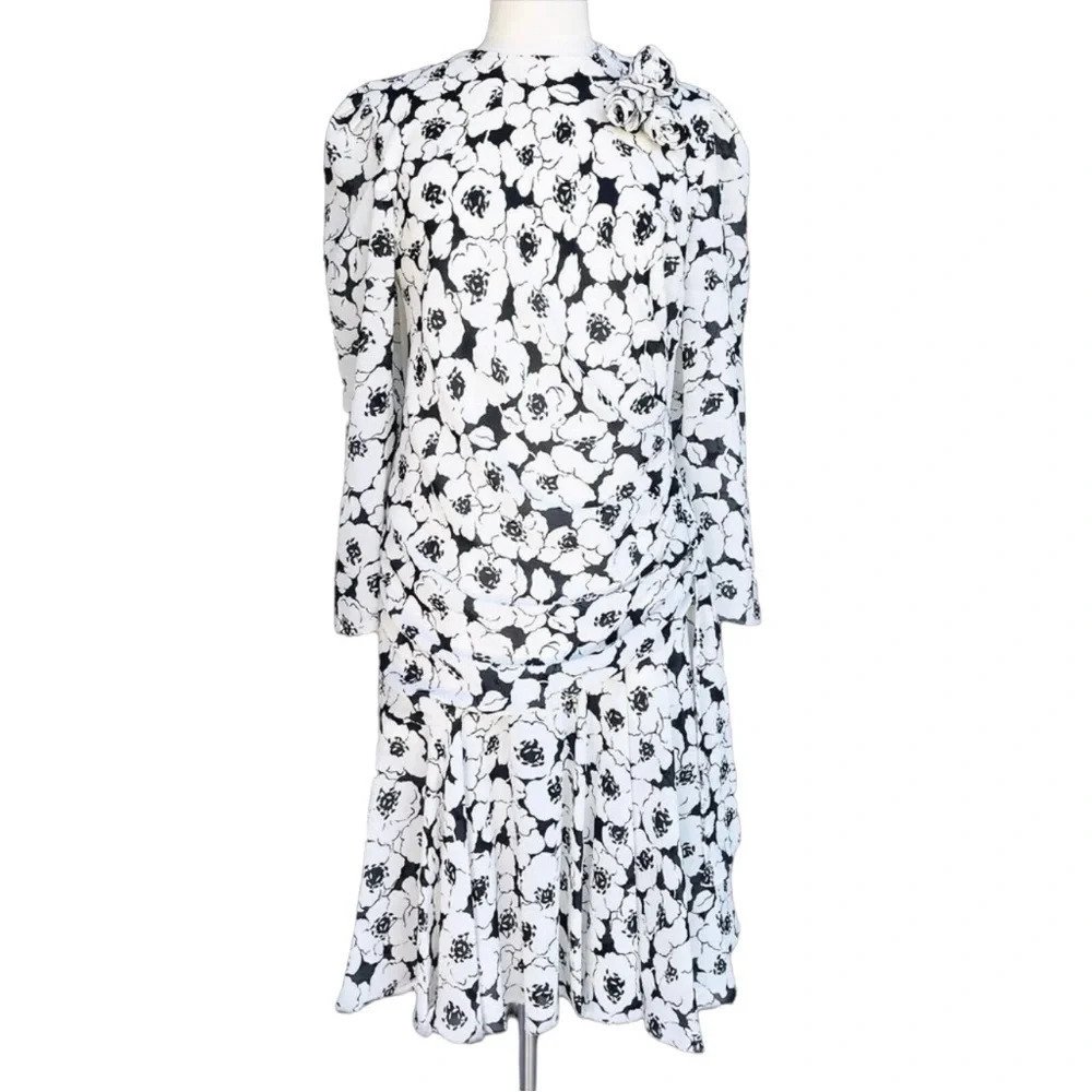 LIZ ROBERTS Women’s Size 10 Black White Floral Rose Bow Ruffle Vintage Dress